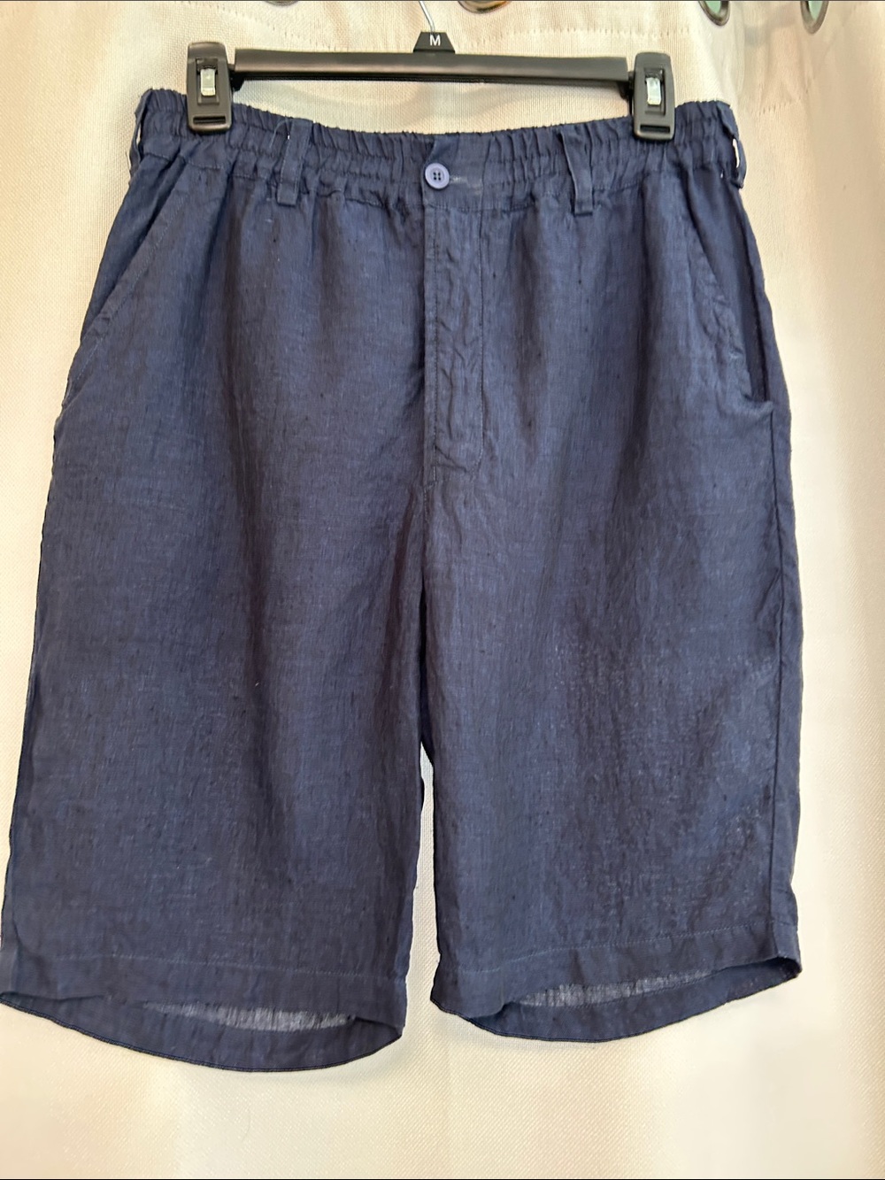 Casual Navy 100% Linen Italian Women's Bermuda Shorts with Elastic Waist
